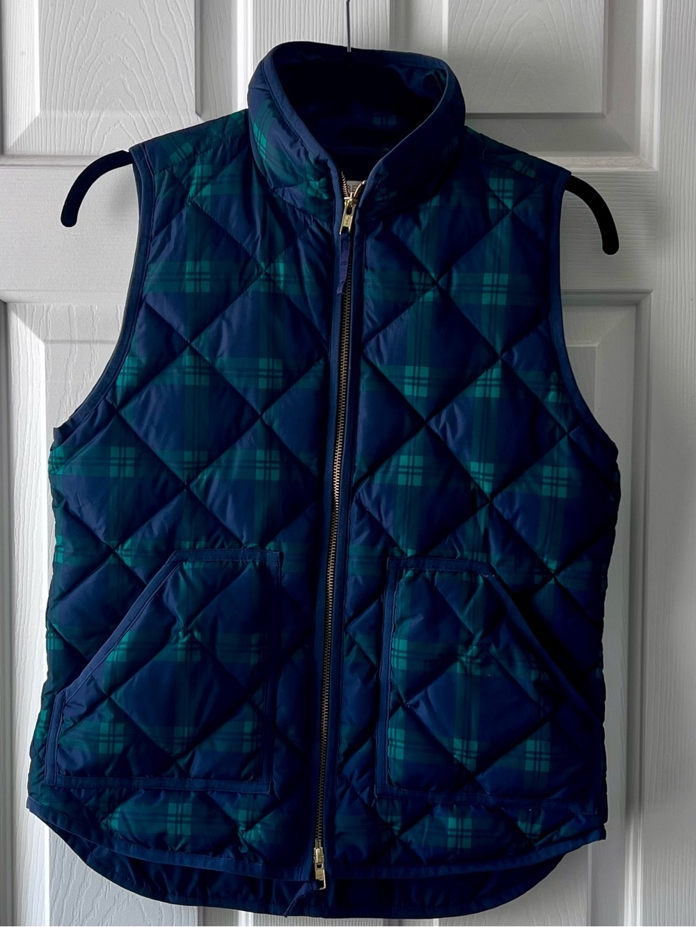 J. Crew Down Filled Navy and Green Plaid Puffer Vest